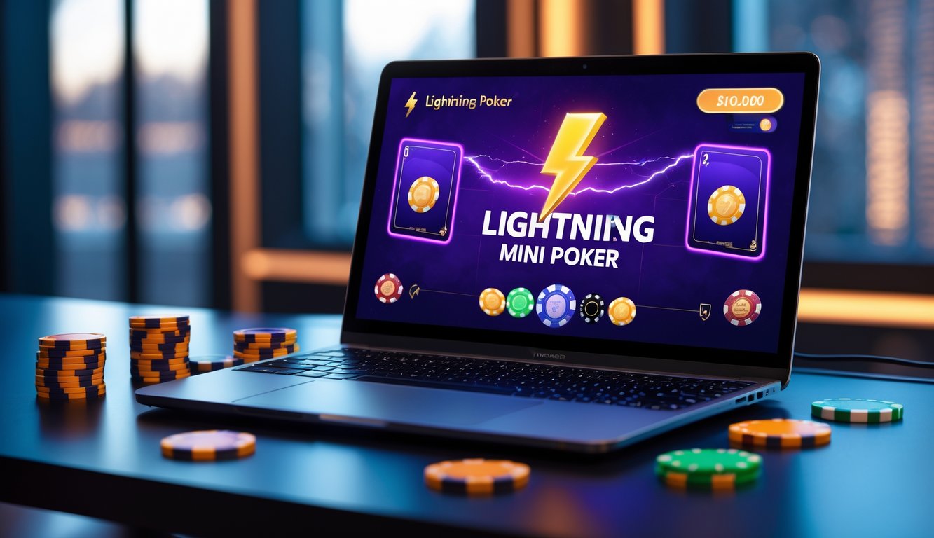 Seorang pemain duduk di depan komputer dengan layar menampilkan permainan poker online, dikelilingi oleh chip poker dan kartu bermain.