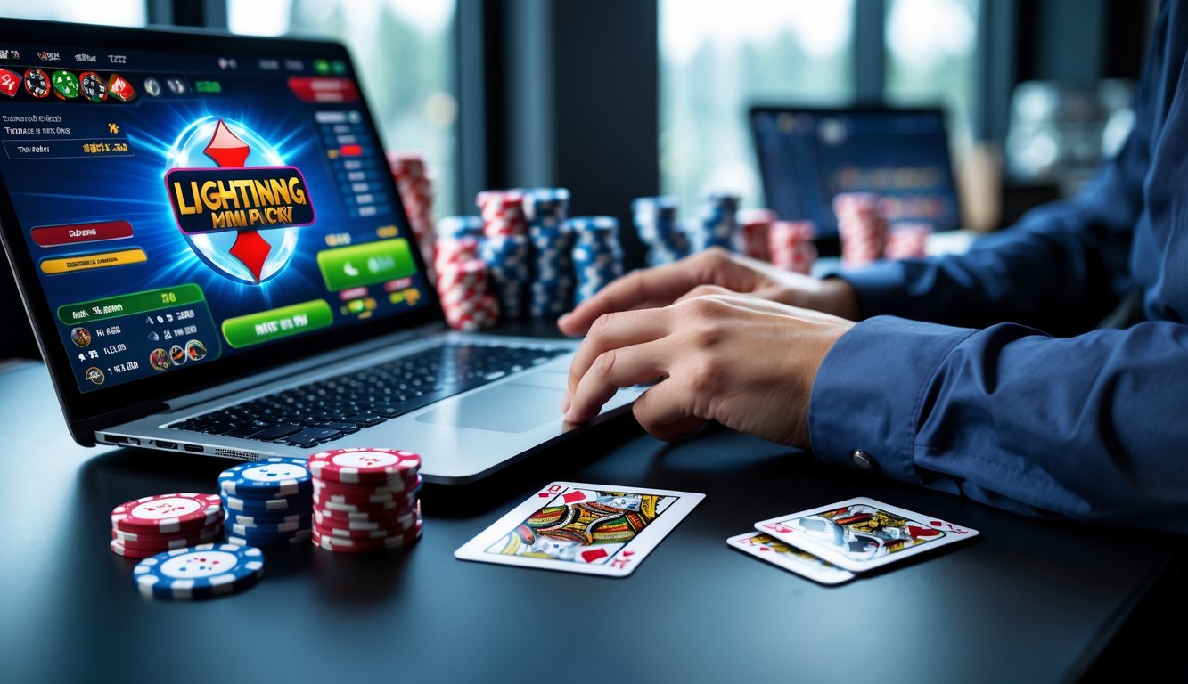 Seorang pemain sedang menggunakan laptop dengan tampilan permainan poker online, di meja terdapat chip poker dan kartu remi.