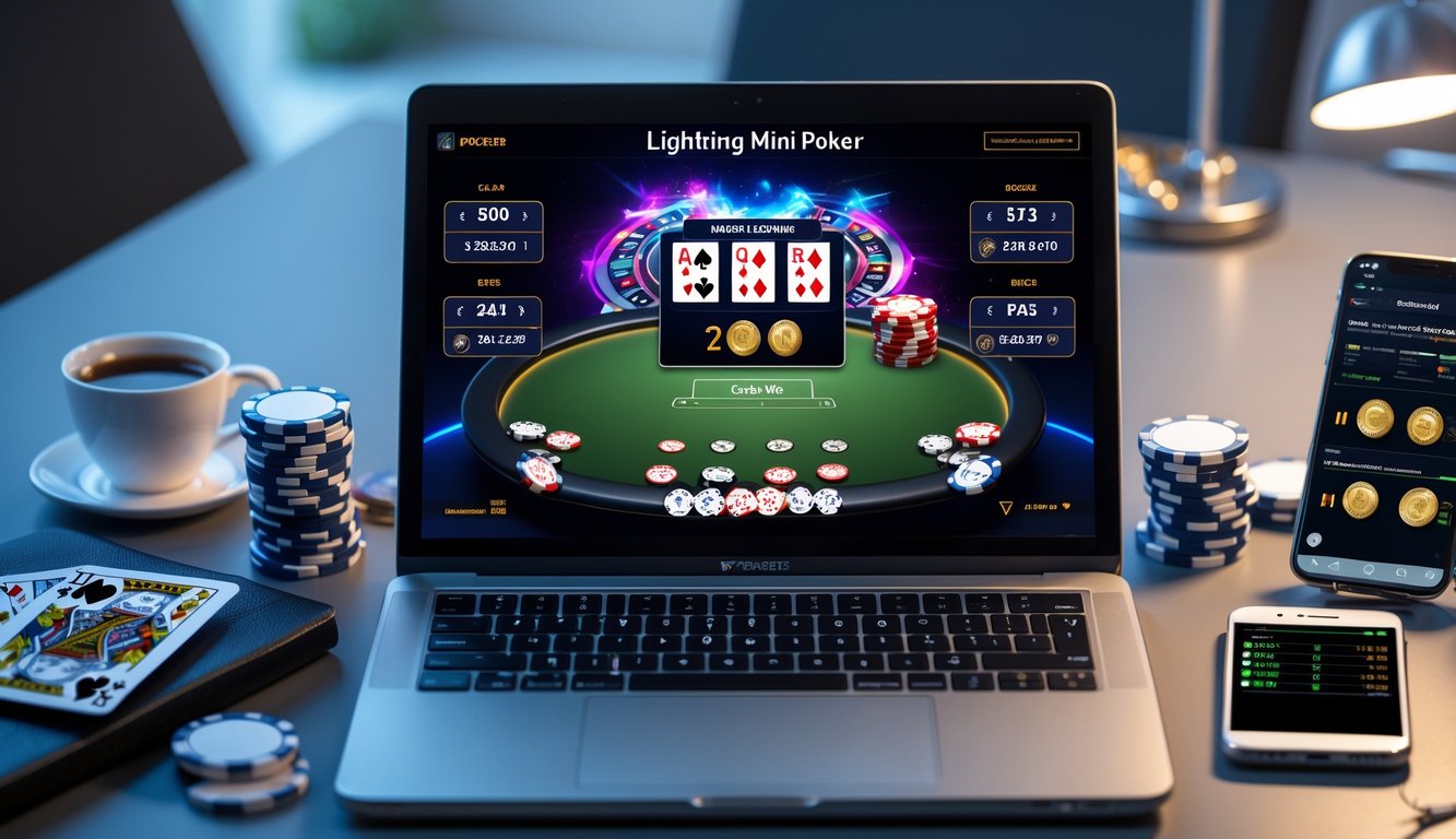 Seorang pemain sedang menggunakan laptop dengan permainan Lightning Mini Poker online di layar, dikelilingi oleh chip poker dan kartu remi di atas meja kerja.