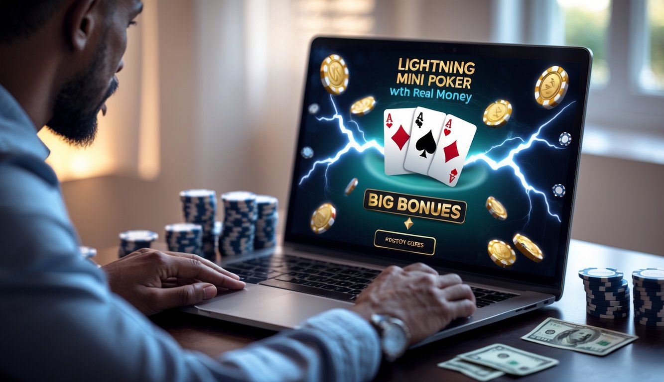 Seorang pemain dewasa sedang bermain poker online di komputer dengan kartu dan chip poker, suasana di dalam ruangan yang terang dan nyaman.