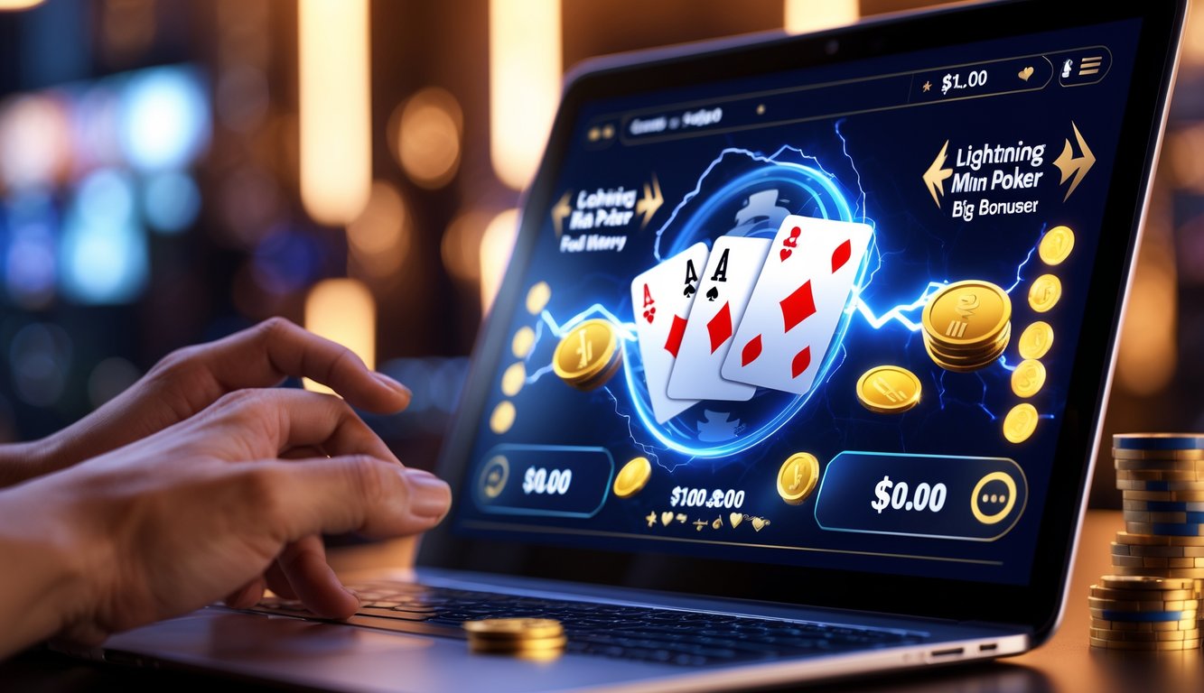 Seorang pemain menggunakan perangkat digital untuk bermain poker online dengan kartu dan chip di layar, menampilkan suasana permainan poker uang asli dengan efek petir dan simbol bonus.