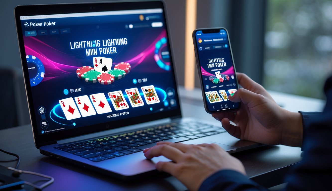 Seseorang menggunakan laptop dan ponsel untuk bermain poker online dengan kartu dan chip di layar.