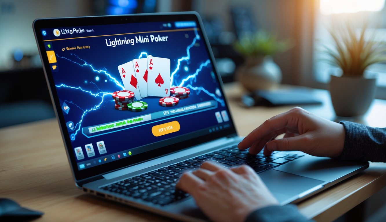 Seseorang menggunakan laptop dengan tampilan permainan poker online di meja kerja yang rapi dan terang.