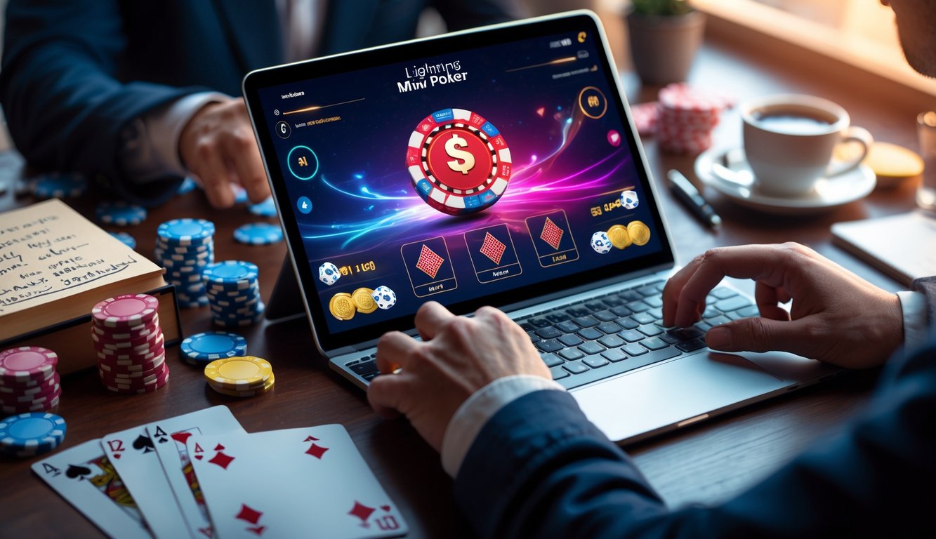 Tangan seseorang sedang bermain poker online di laptop dengan chip dan kartu poker di sekitar meja.