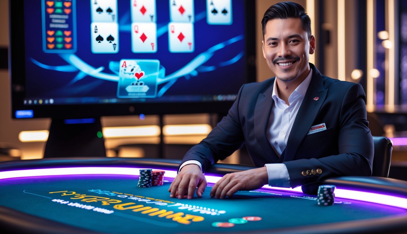 Seorang dealer profesional duduk di meja poker online dengan kartu digital dan pencahayaan studio yang modern.