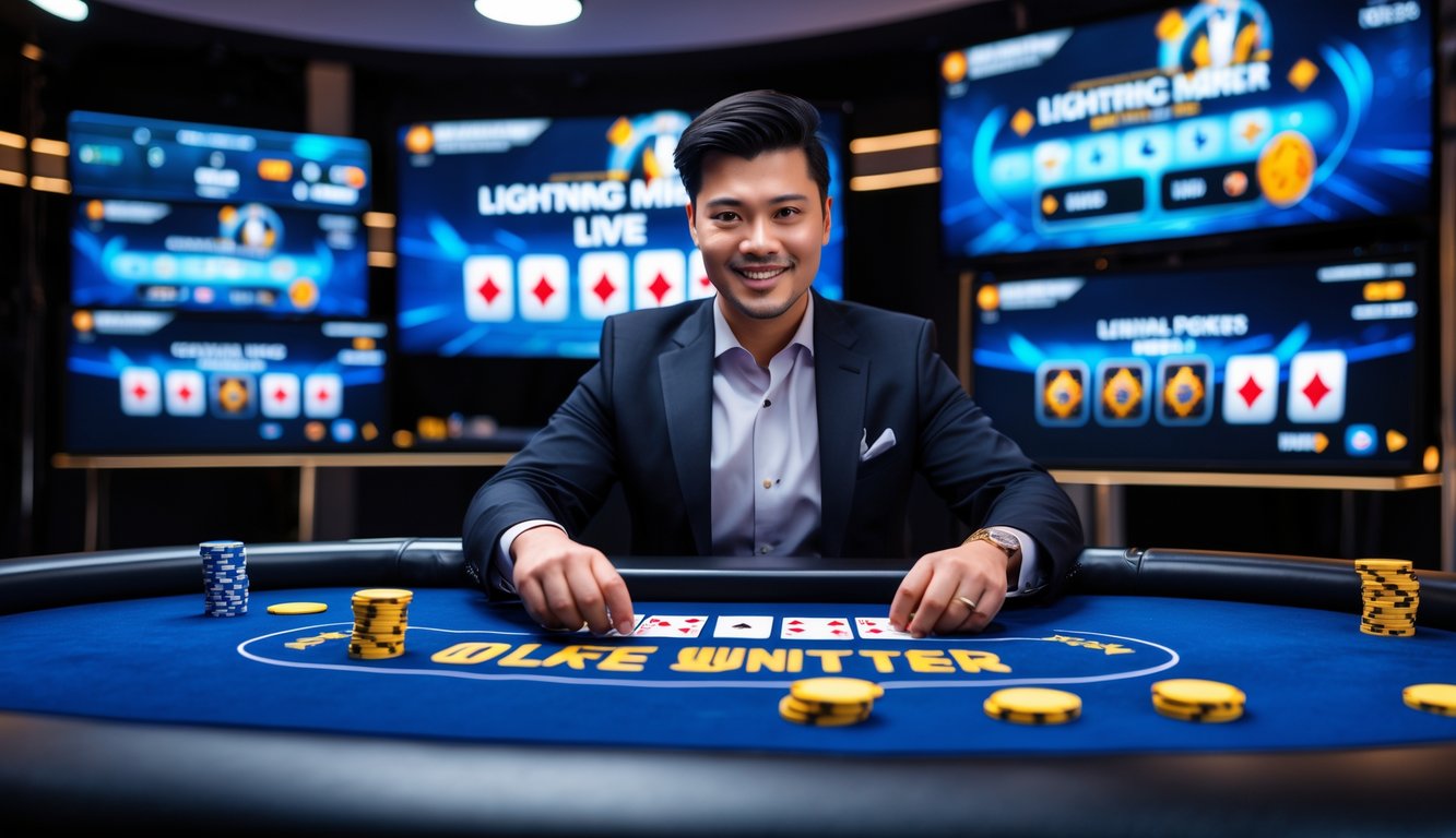 Seorang dealer profesional sedang mengelola permainan poker online langsung dengan meja poker dan layar di latar belakang.