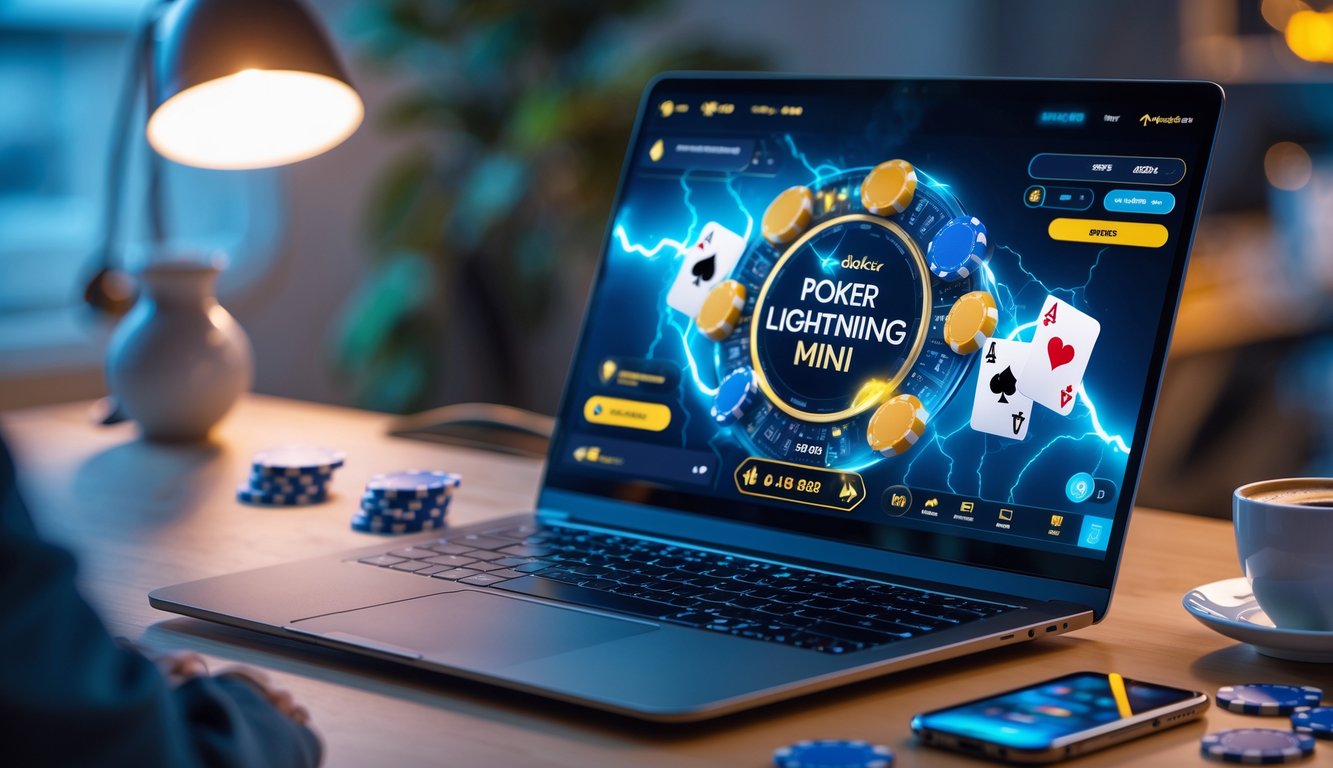 Seorang pemain poker online menggunakan laptop dengan tampilan permainan poker dan chip di meja, di ruang kerja yang nyaman.