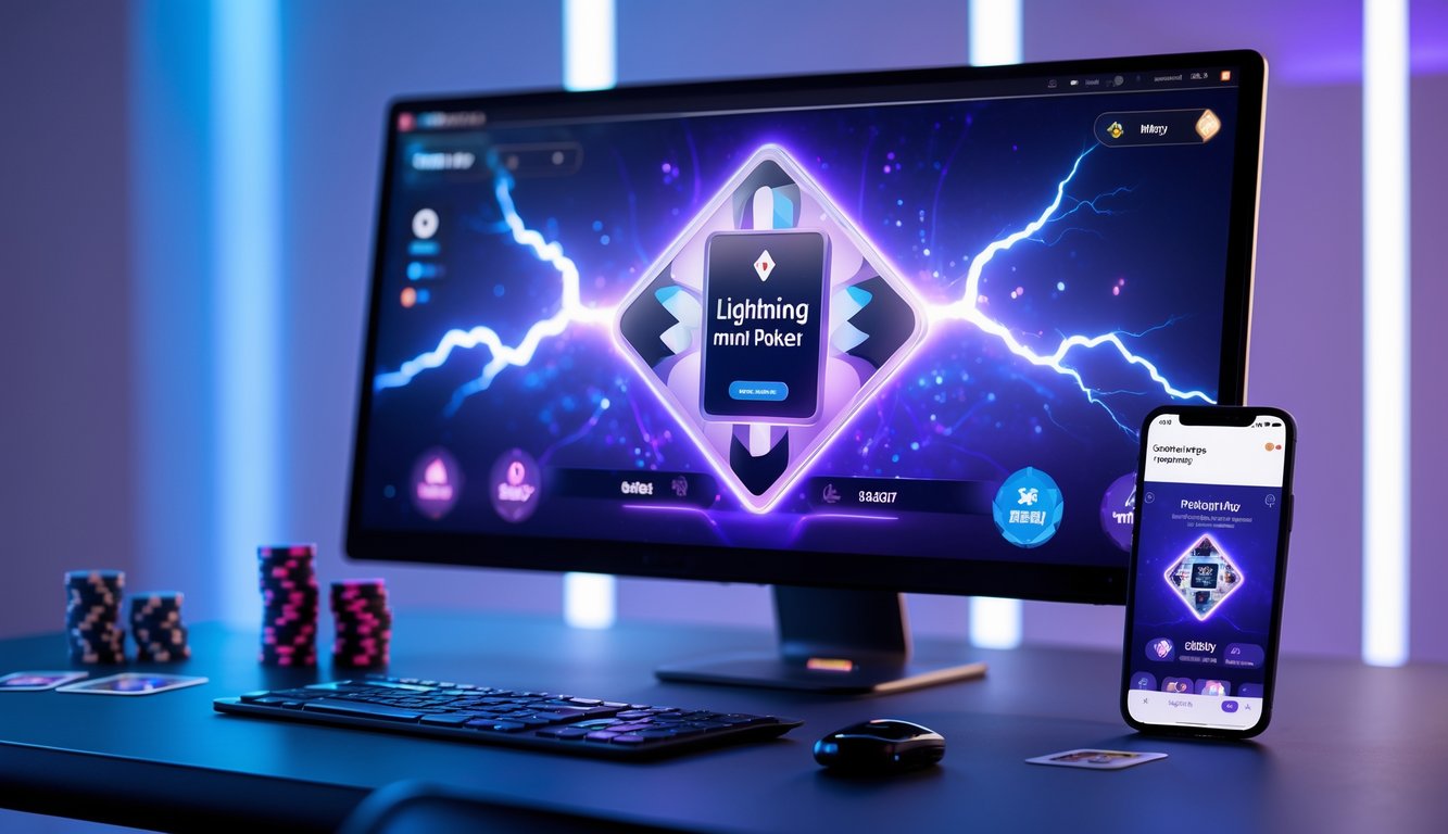 Sebuah meja komputer modern dengan layar menampilkan permainan poker online Lightning Mini Poker, dikelilingi oleh chip poker dan kartu remi.