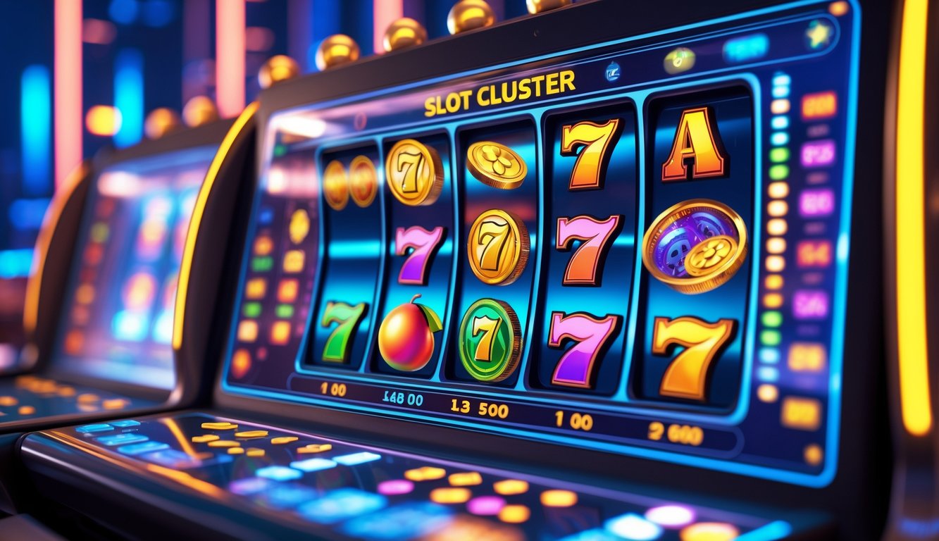 Antarmuka digital modern dengan mesin slot berwarna-warni yang sedang berputar di latar belakang dengan lampu neon dan pola teknologi.