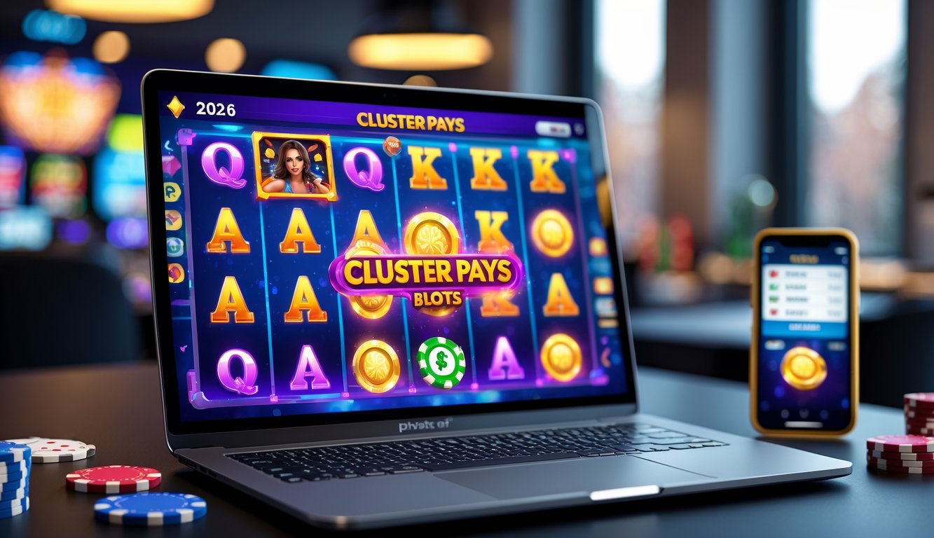 Seorang pengguna sedang melihat layar komputer yang menampilkan permainan slot cluster pays dengan simbol berwarna cerah di sebuah ruangan gaming modern.