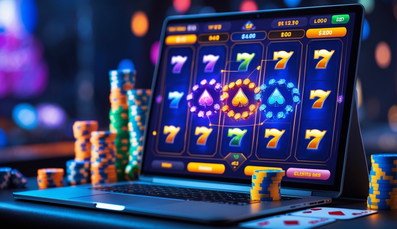 Sebuah layar komputer menampilkan permainan slot online dengan simbol warna-warni yang terhubung, dikelilingi oleh chip poker dan kartu bermain di lingkungan gaming yang nyaman.