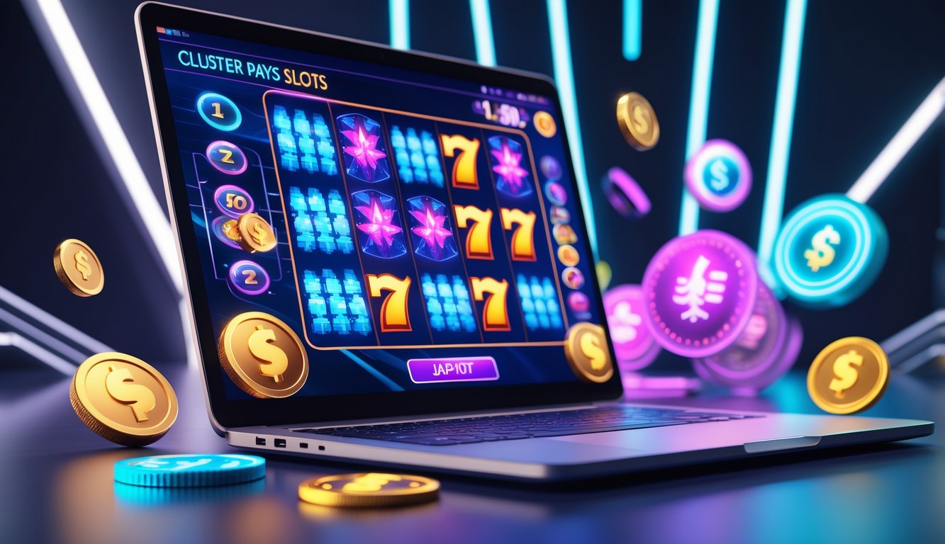Sebuah layar komputer menampilkan permainan slot online dengan simbol berwarna-warni dan koin virtual di sekitarnya.