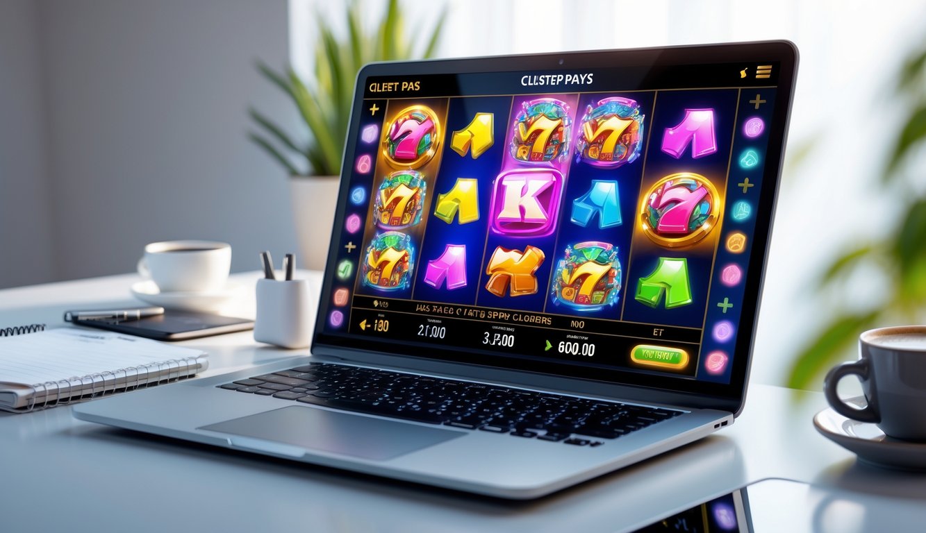 Seorang pengguna duduk di depan laptop yang menampilkan permainan slot online dengan simbol warna-warni, di meja terdapat buku catatan dan cangkir kopi.