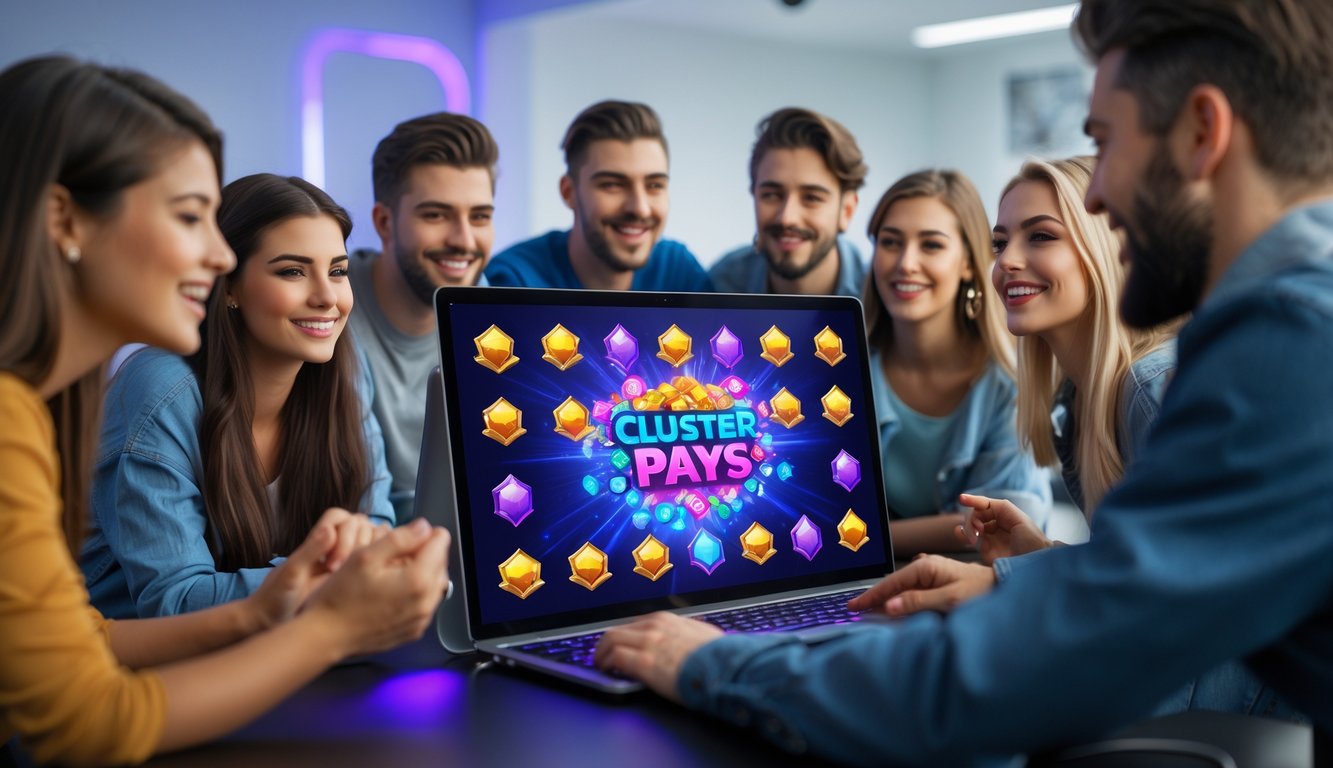 Sekelompok orang muda sedang bermain permainan slot online di depan layar komputer dalam ruangan yang terang dan rapi.