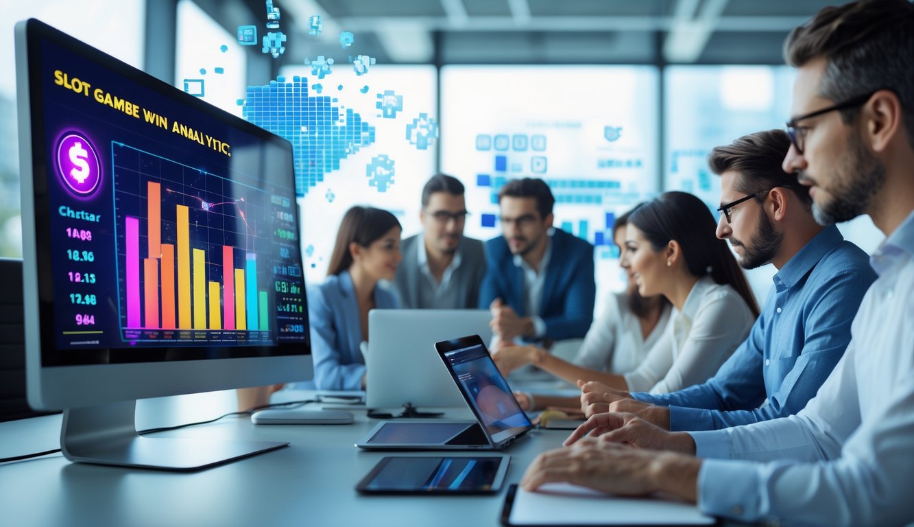 Orang-orang bekerja di kantor modern dengan komputer yang menampilkan grafik dan data tentang permainan slot online.