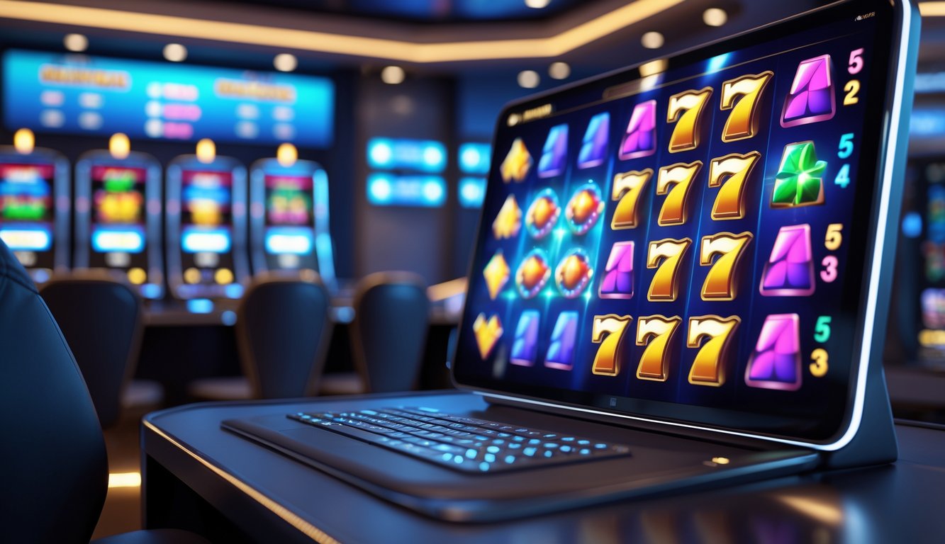 Suasana ruangan permainan kasino online dengan layar menampilkan mesin slot berwarna-warni dan simbol yang berkelompok.
