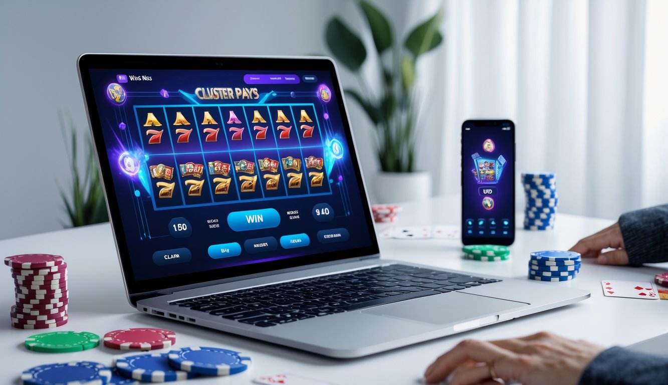 Seseorang menggunakan laptop dengan layar menampilkan permainan slot online di meja kerja yang rapi dengan chip poker dan kartu bermain di sekitarnya.