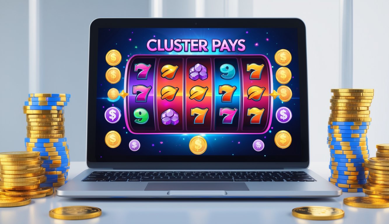 Seseorang menggunakan komputer dengan gambar permainan slot online dan uang di meja.