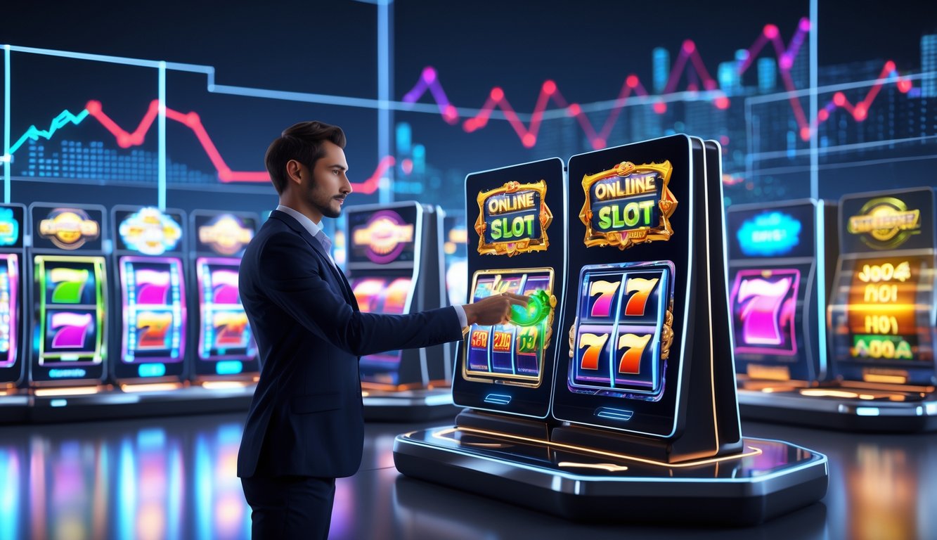 Seseorang menggunakan perangkat layar sentuh di depan beberapa layar yang menampilkan permainan slot online berwarna-warni.