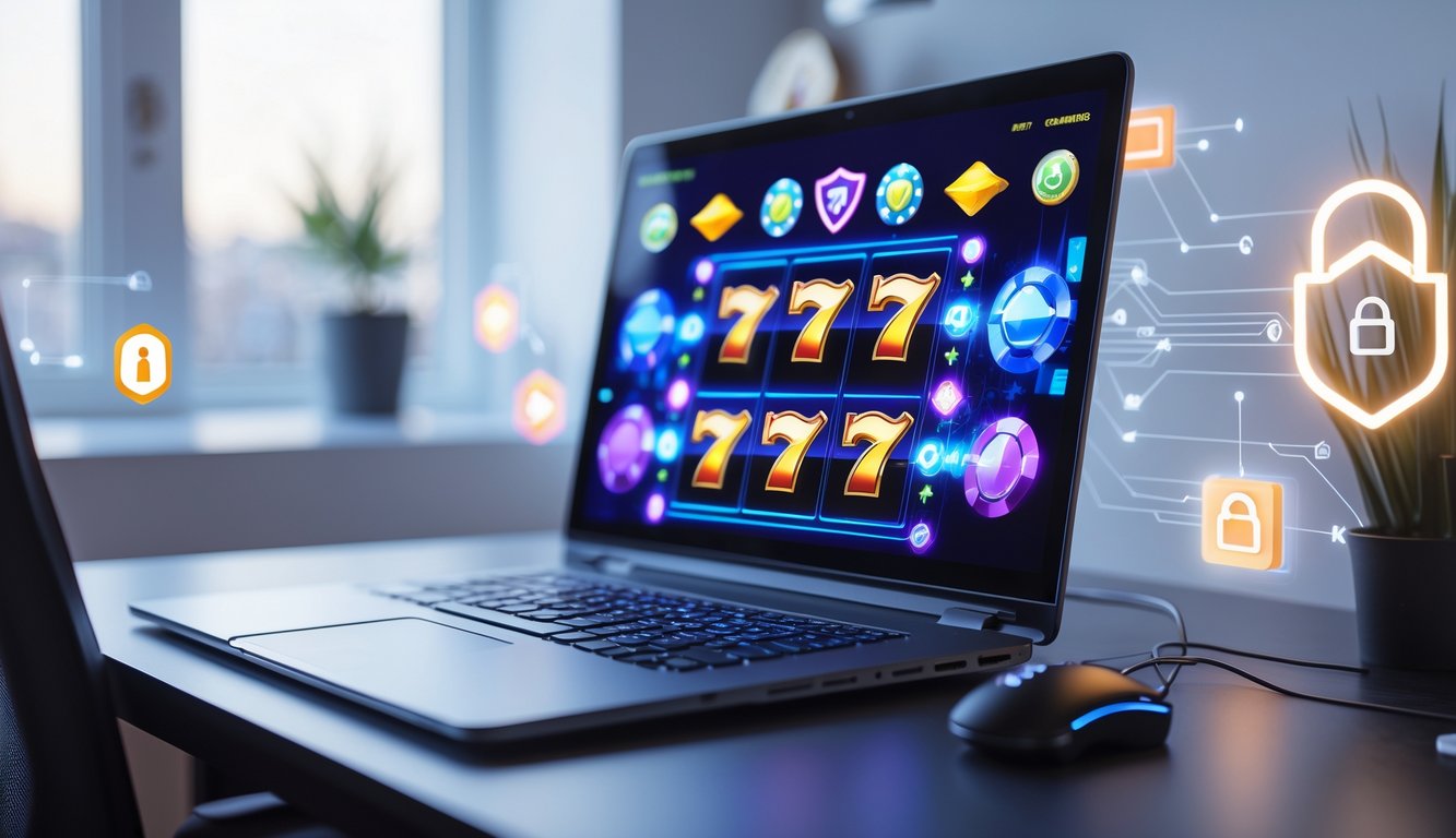 Seorang pengguna sedang bermain mesin slot online di komputer dengan latar belakang yang bersih dan suasana nyaman.