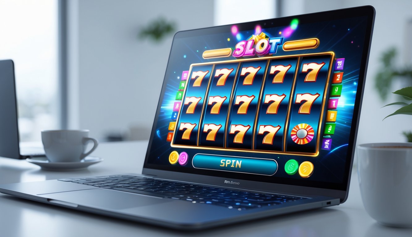 Seorang pengguna komputer sedang bermain permainan slot online dengan tampilan layar penuh warna dan lingkungan kerja yang rapi.