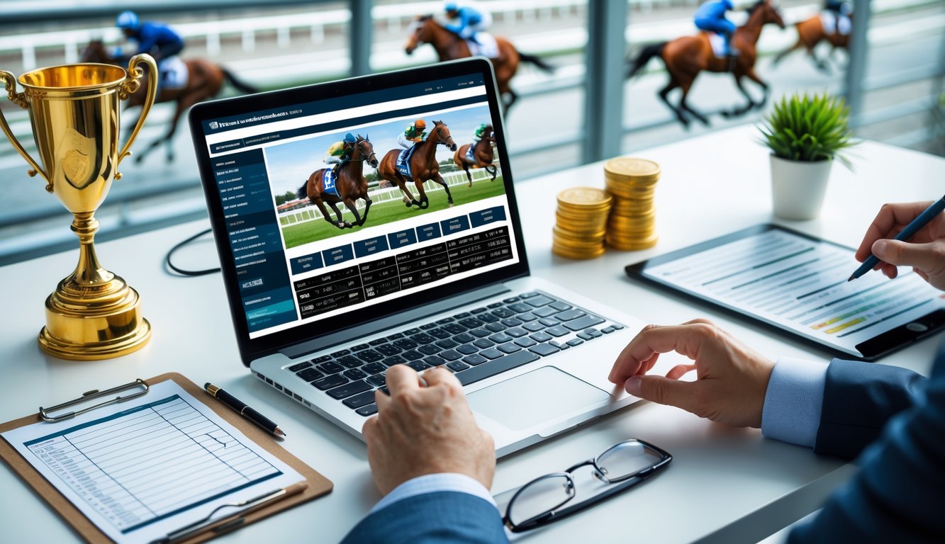 Seseorang sedang menggunakan laptop dan tablet di meja kerja dengan latar belakang pacuan kuda yang sedang berlomba.