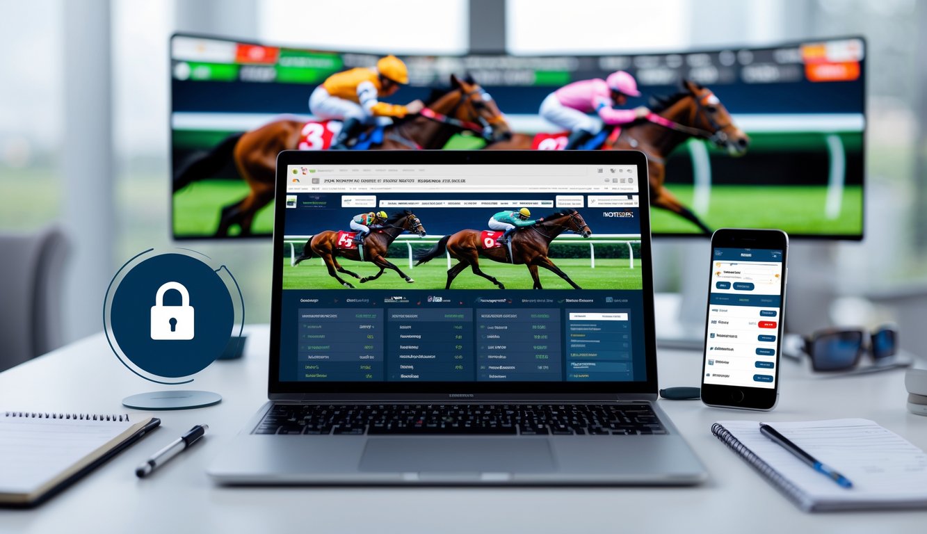 Seorang pria menggunakan laptop di meja kerja dengan tampilan situs judi pacuan kuda online dan gambar pacuan kuda di layar di belakangnya.