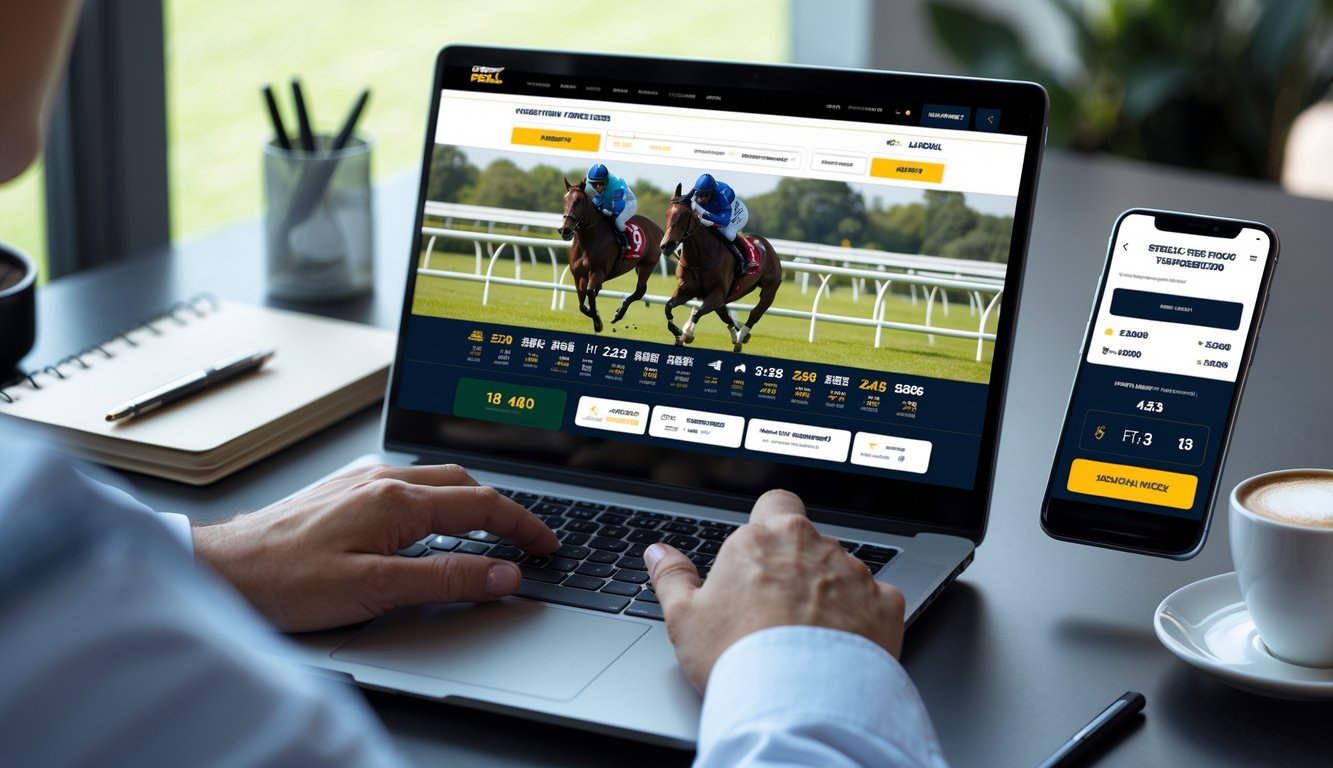 Seseorang menggunakan laptop dan ponsel untuk memasang taruhan pacuan kuda online dengan suasana kerja yang rapi.