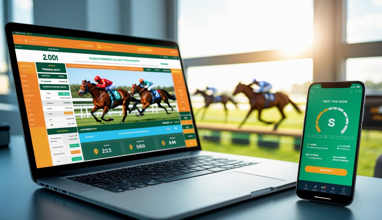 Seorang pengguna di depan laptop dan ponsel dengan latar belakang balapan kuda yang sedang berlangsung di luar jendela.