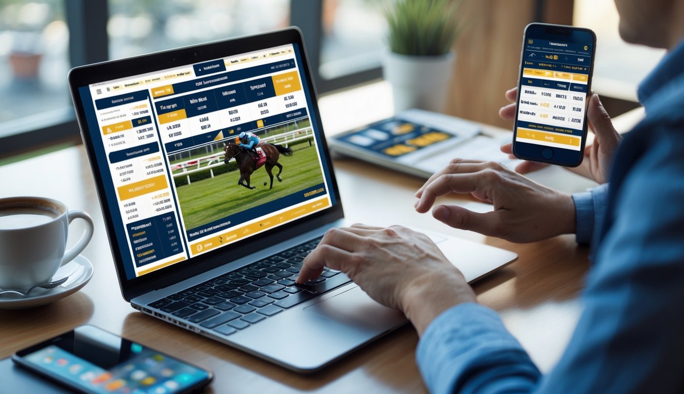 Meja kerja dengan laptop yang menampilkan situs pacuan kuda, tangan seseorang sedang menggunakan mouse, di sekitar ada cangkir kopi, buku catatan, dan ponsel.