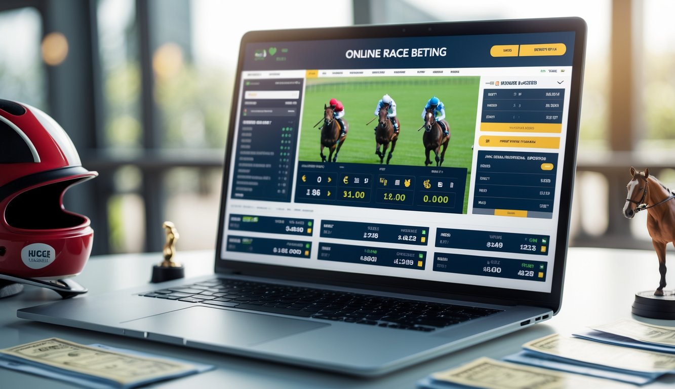 Seorang pengguna di depan laptop dengan layar menampilkan platform taruhan pacuan kuda online, dikelilingi oleh helm joki dan miniatur kuda.