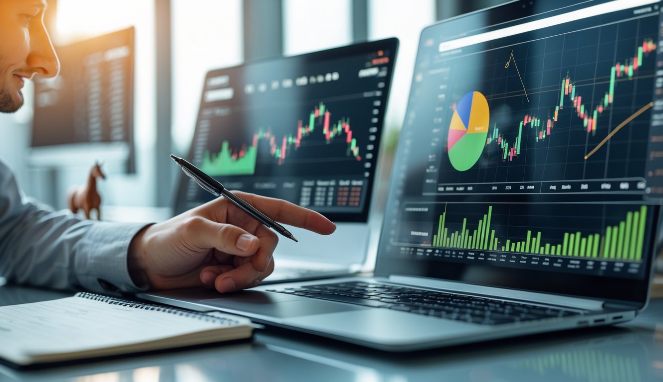 Seseorang sedang menganalisis data statistik pacuan kuda secara online di depan laptop dengan grafik dan catatan.