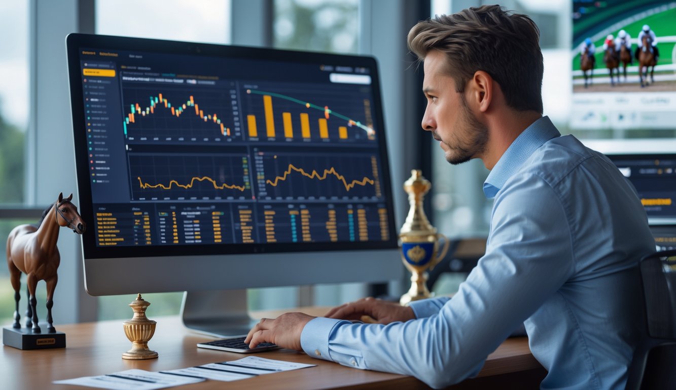 Seorang pria sedang menganalisis data statistik pacuan kuda di depan komputer di ruang kerja modern.