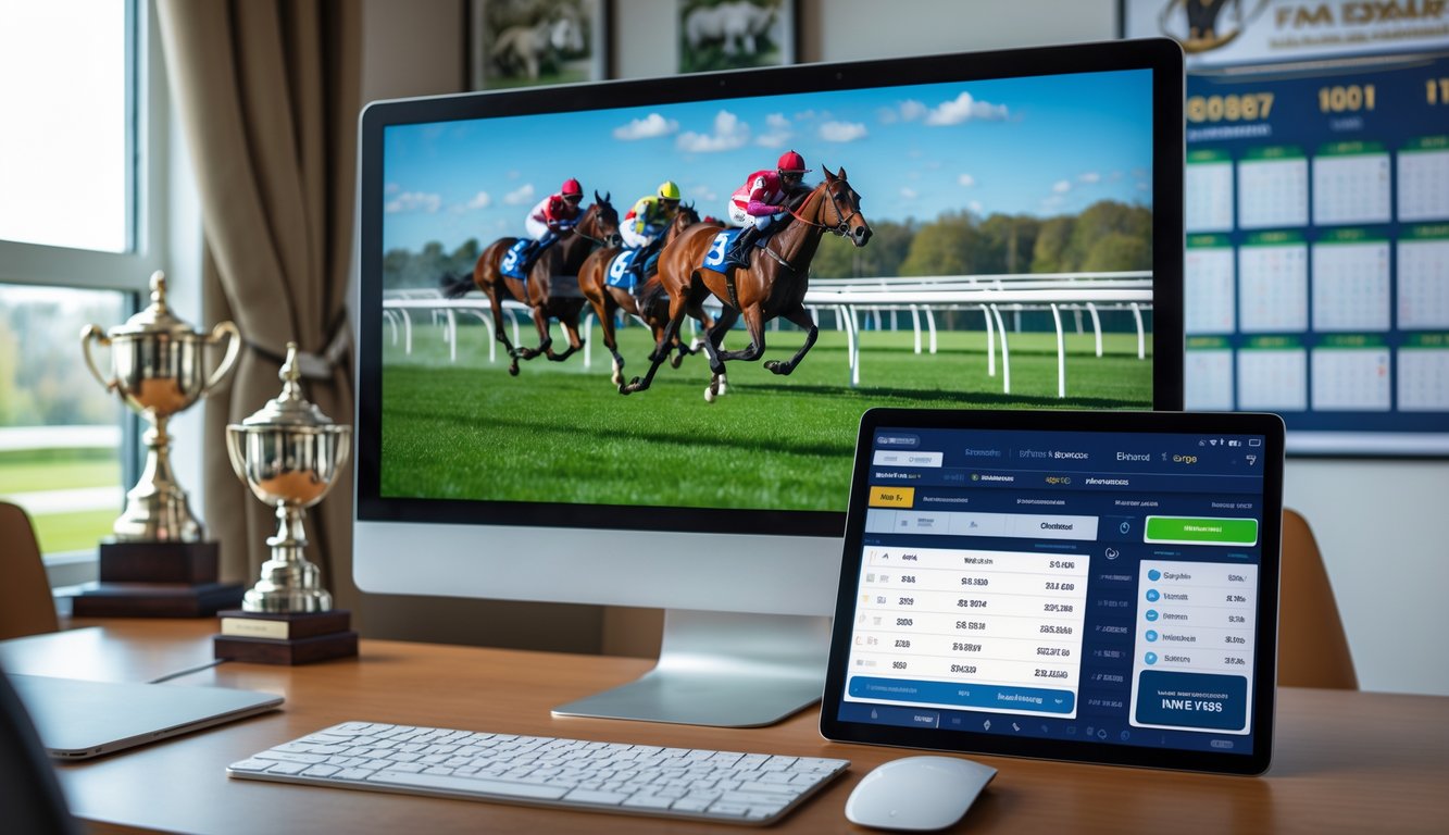 Sebuah ruang kerja modern dengan komputer menampilkan siaran langsung pacuan kuda dan ponsel dengan aplikasi taruhan online.