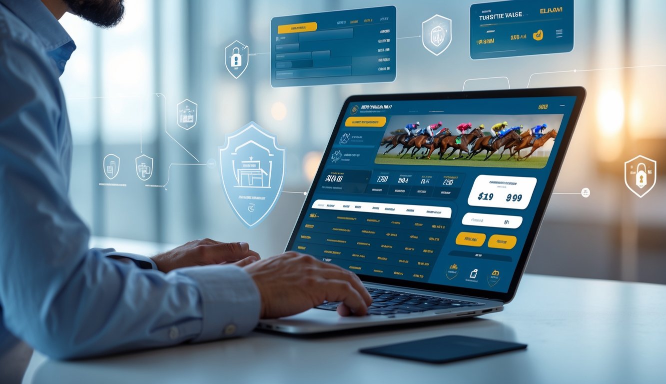 Seseorang menggunakan laptop di meja kerja dengan tampilan data pacuan kuda dan simbol keamanan di layar.