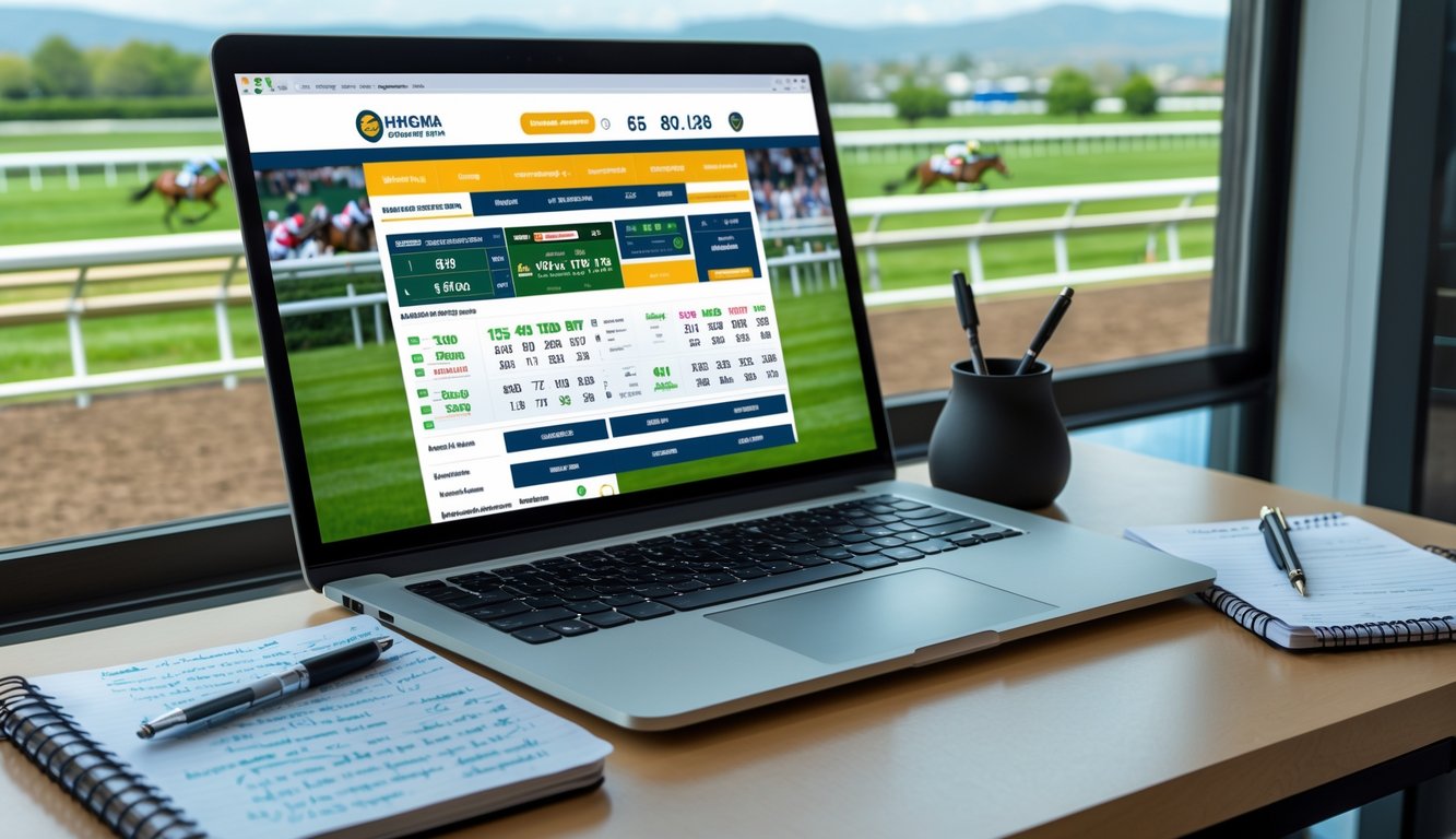 Seorang pria duduk di depan laptop dengan situs taruhan pacuan kuda terbuka, di meja terdapat buku catatan dan pena, latar belakang menunjukkan lintasan pacuan kuda dengan kuda berlari.