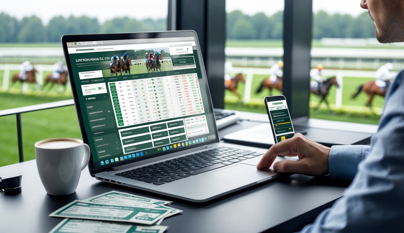 Seorang pria duduk di depan laptop dengan layar menampilkan situs judi pacuan kuda online, di meja terdapat secangkir kopi dan ponsel yang menunjukkan pembaruan pacuan kuda.