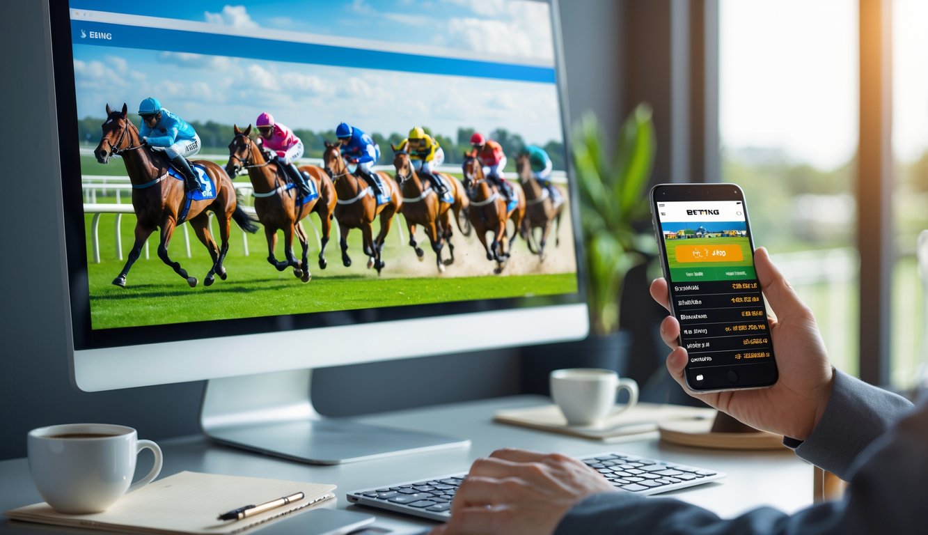 Seseorang menggunakan komputer dan ponsel untuk memasang taruhan pacuan kuda secara online dengan latar balapan kuda yang sedang berlangsung.