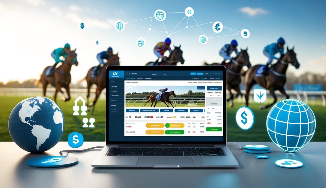 Seorang pengguna sedang memasang taruhan pacuan kuda online dengan latar belakang balapan kuda internasional.
