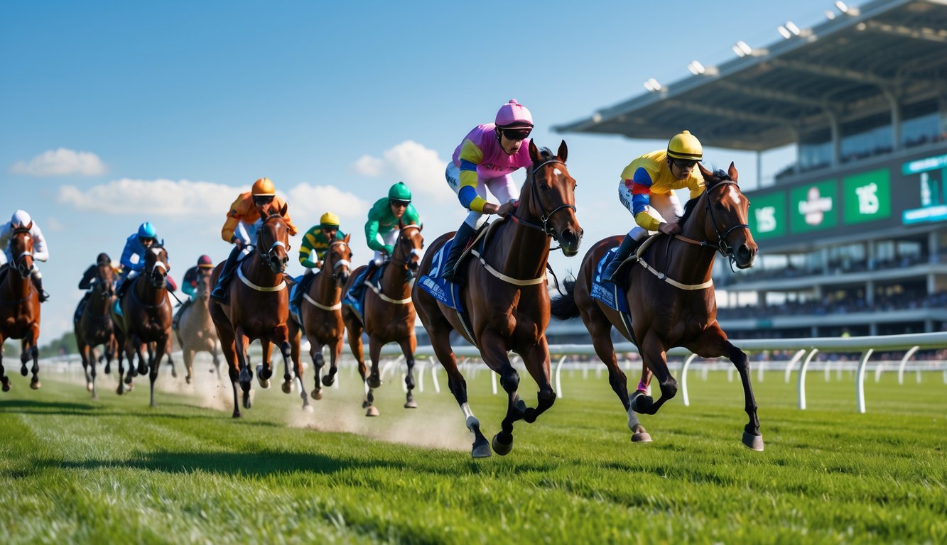 Beberapa kuda pacuan sedang berlari kencang di lintasan dengan joki mengenakan seragam berwarna-warni dan penonton di stadion.