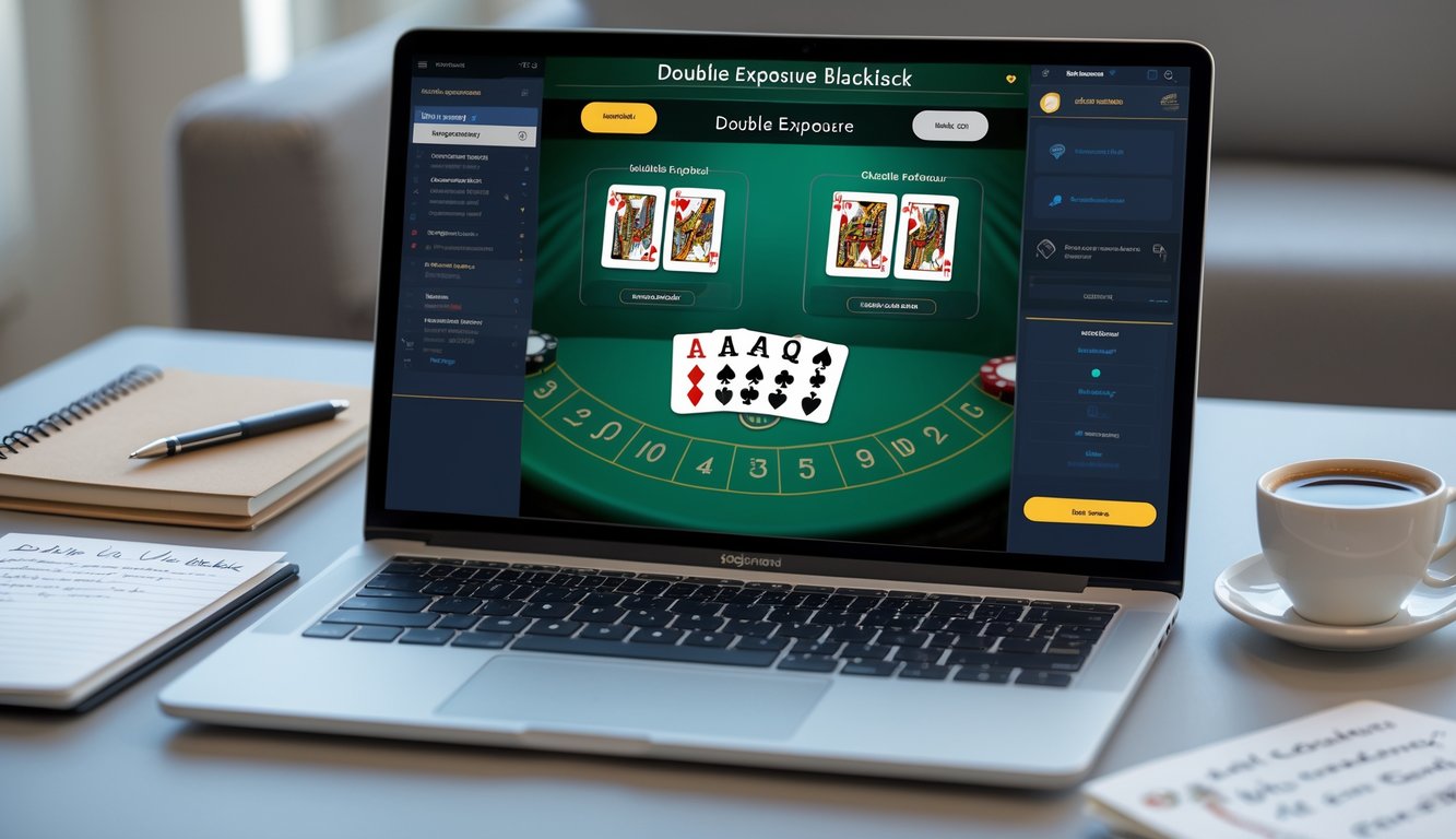 Seorang pemain menggunakan laptop untuk belajar bermain blackjack online dengan kartu yang tumpang tindih di layar, di meja terdapat catatan dan secangkir kopi.