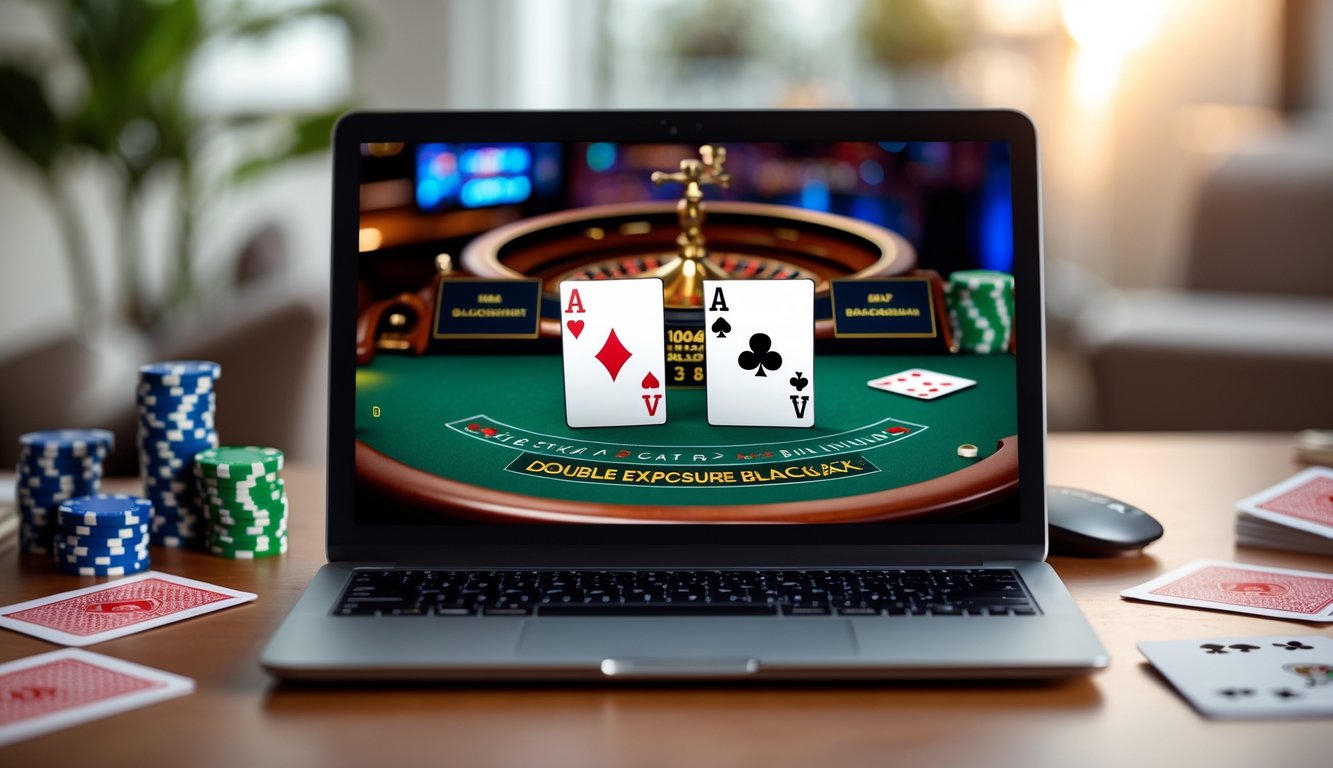 Sebuah laptop menampilkan permainan blackjack online dengan dua kartu dealer terbuka, dikelilingi oleh chip poker dan kartu remi di atas meja yang rapi.