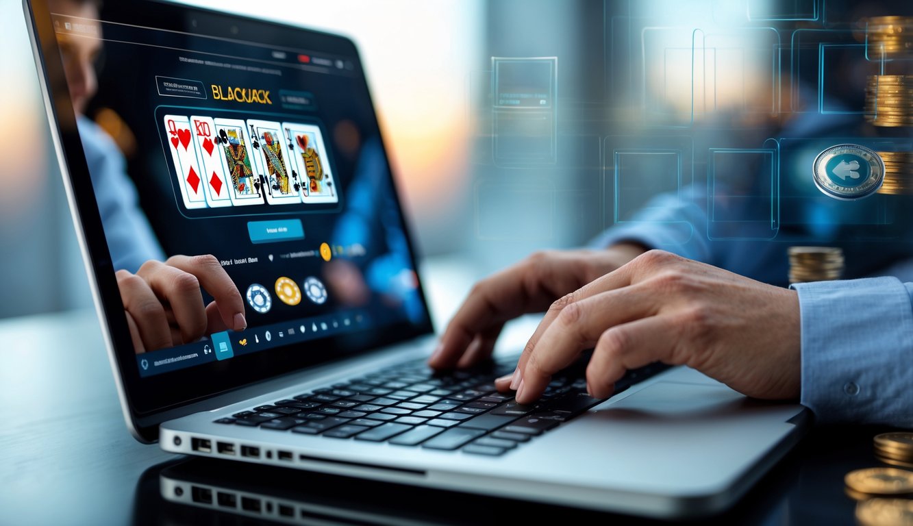 Seorang pemain menggunakan laptop untuk bermain blackjack online dengan kartu dan chip terlihat di layar.
