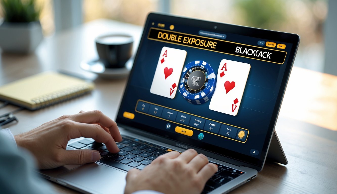 Seseorang sedang bermain blackjack online dengan dua kartu yang terlihat jelas di layar komputer.