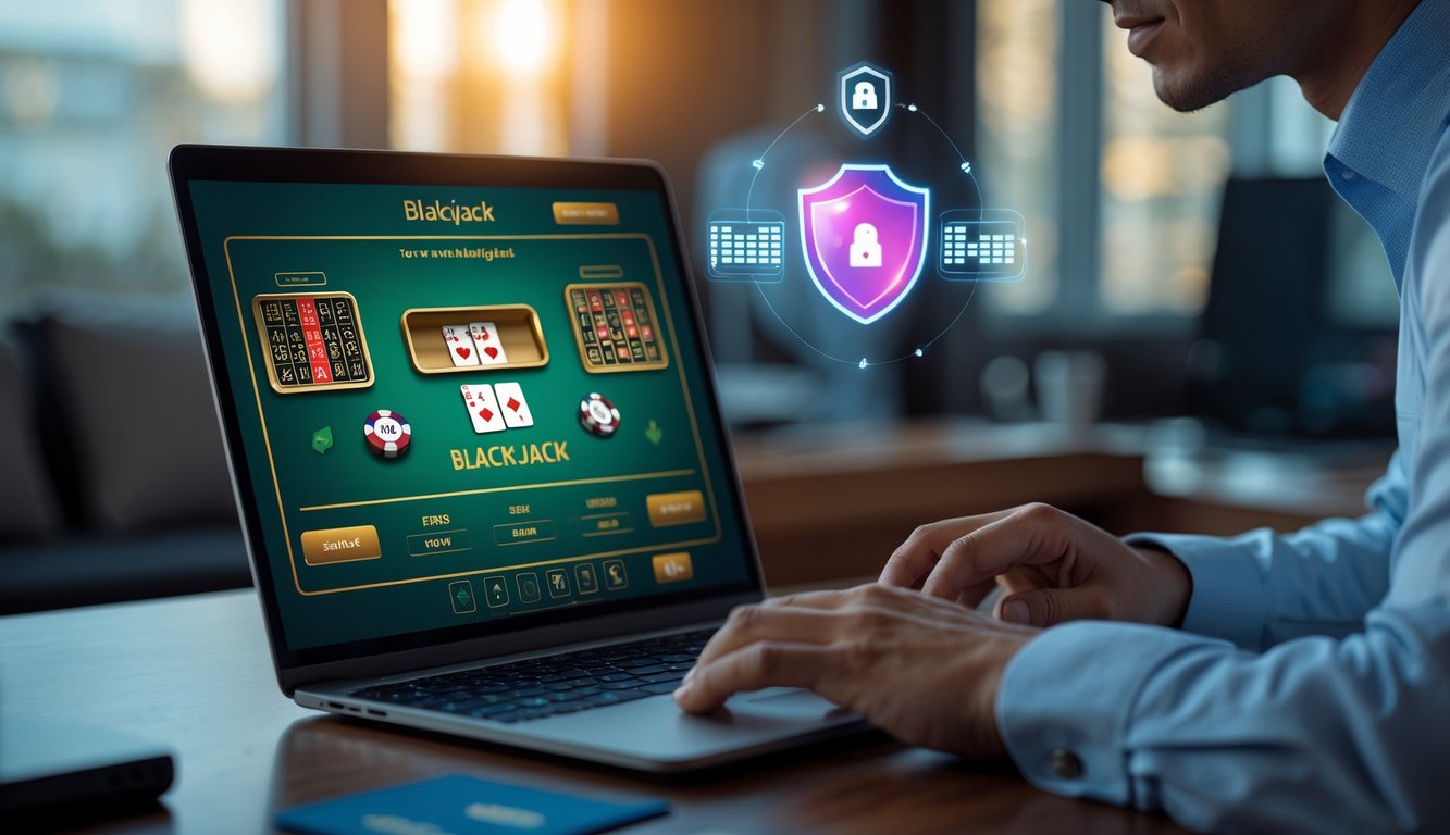 Seorang pria berpakaian rapi bermain blackjack online di laptop di ruang kerja modern yang aman dan nyaman.