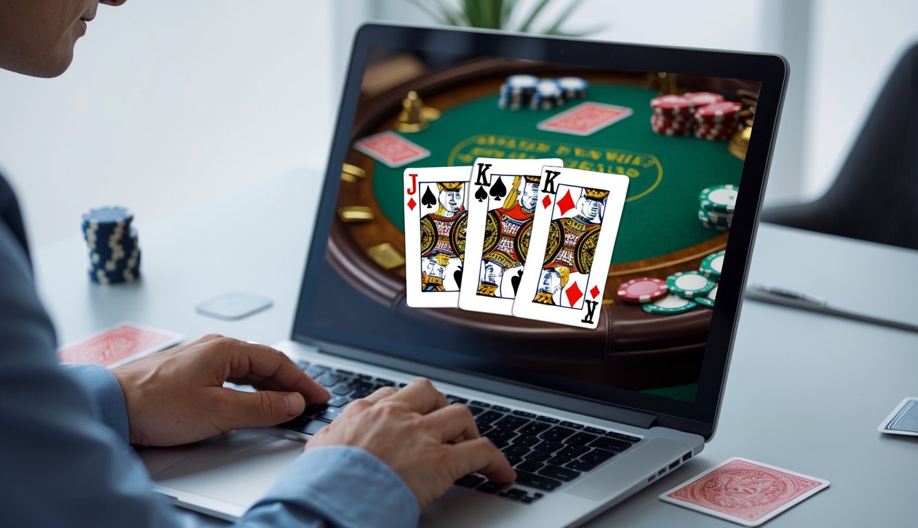 Seseorang menggunakan komputer dengan tampilan permainan blackjack online yang menampilkan kartu dan chip di meja permainan.