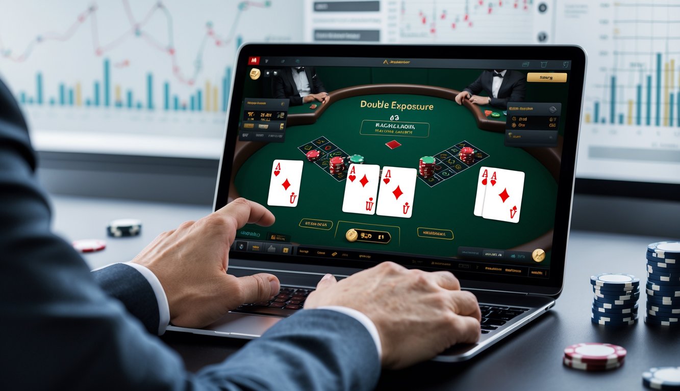 Seorang pemain sedang fokus bermain blackjack online dengan kartu dan chip di depan layar komputer yang menampilkan permainan blackjack.