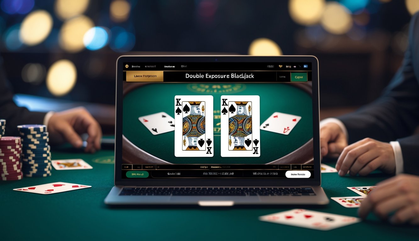 Layar komputer menampilkan permainan blackjack online dengan dua set kartu terbuka, di latar belakang terdapat chip poker dan suasana kasino.