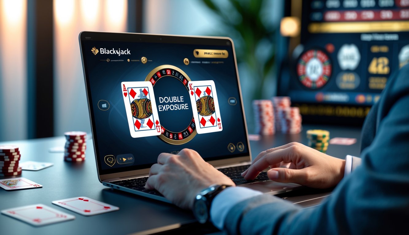 Seorang pemain menggunakan komputer dengan layar menampilkan permainan blackjack online yang menampilkan dua kartu yang tumpang tindih, di meja dengan chip poker dan elemen kasino lainnya.