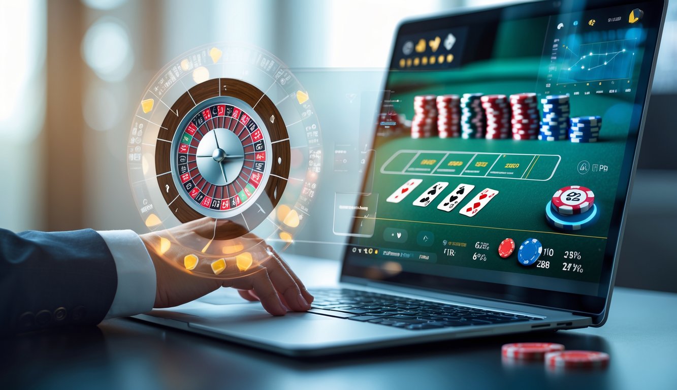 Seorang pemain menggunakan laptop untuk bermain blackjack online dengan kartu dan chip terlihat jelas, serta grafik digital yang menunjukkan statistik permainan.